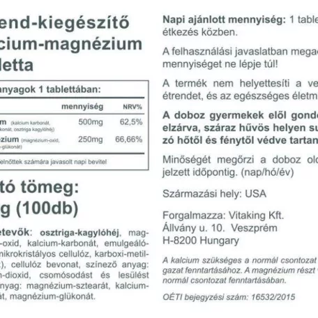 Vitaking Kálcium+Magnézium 500/250 MG 100 darabos ásványi vitamin